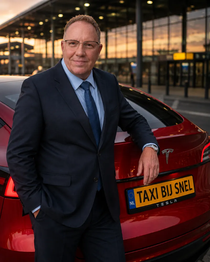 Rudy Snel, chauffeur van Taxi bij Snel, bij zijn taxi