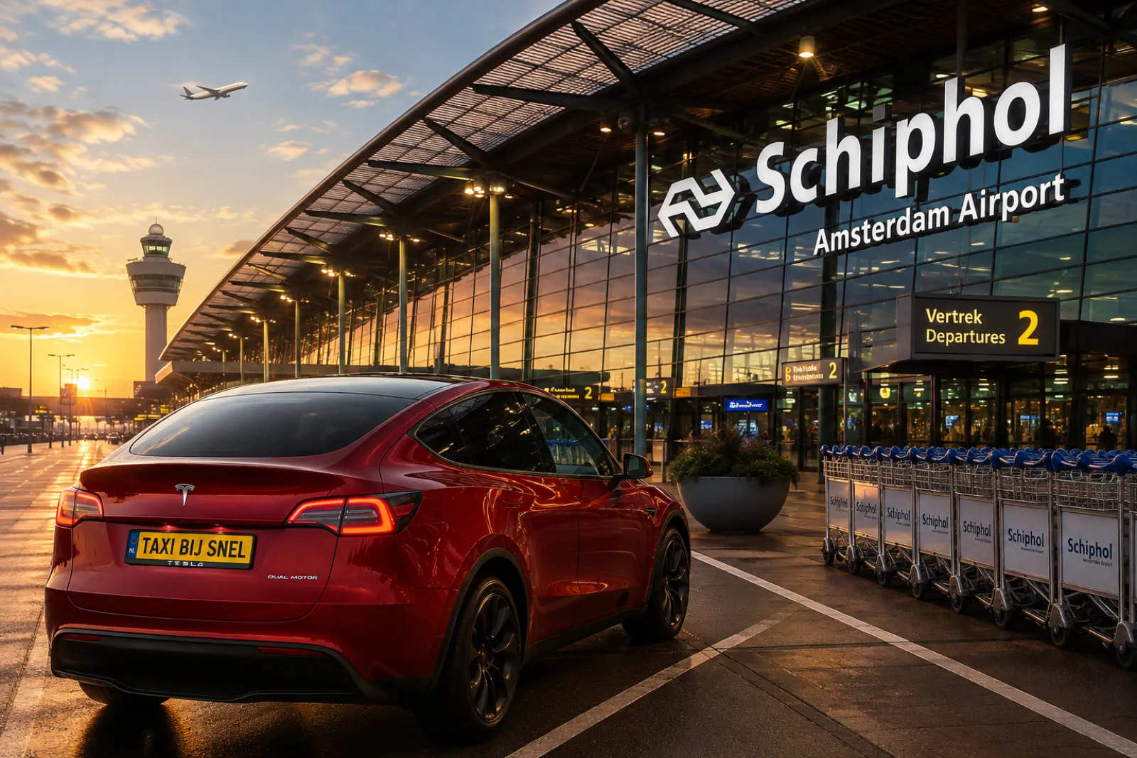 De taxi van Taxi bij Snel staat klaar voor de vertrekhal van Schiphol bij zonsopkomst