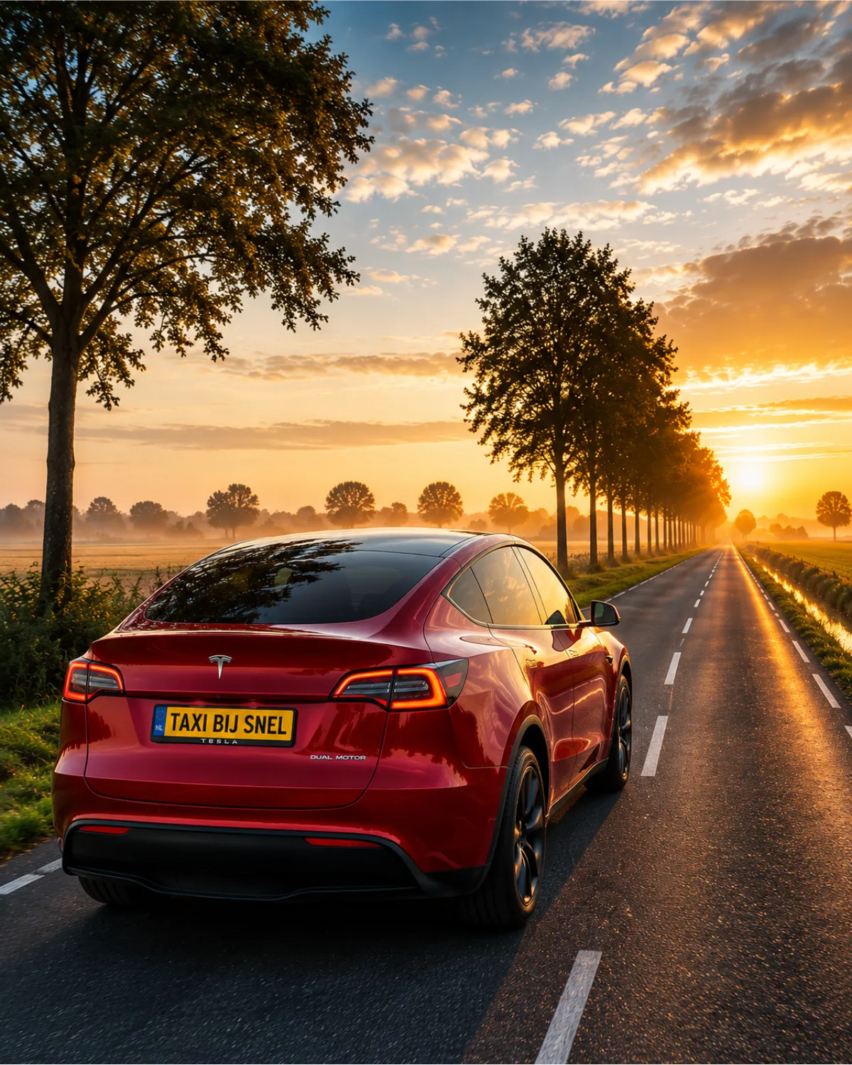 De rode taxi van Taxi bij Snel op een rustige landweg bij zonsopkomst