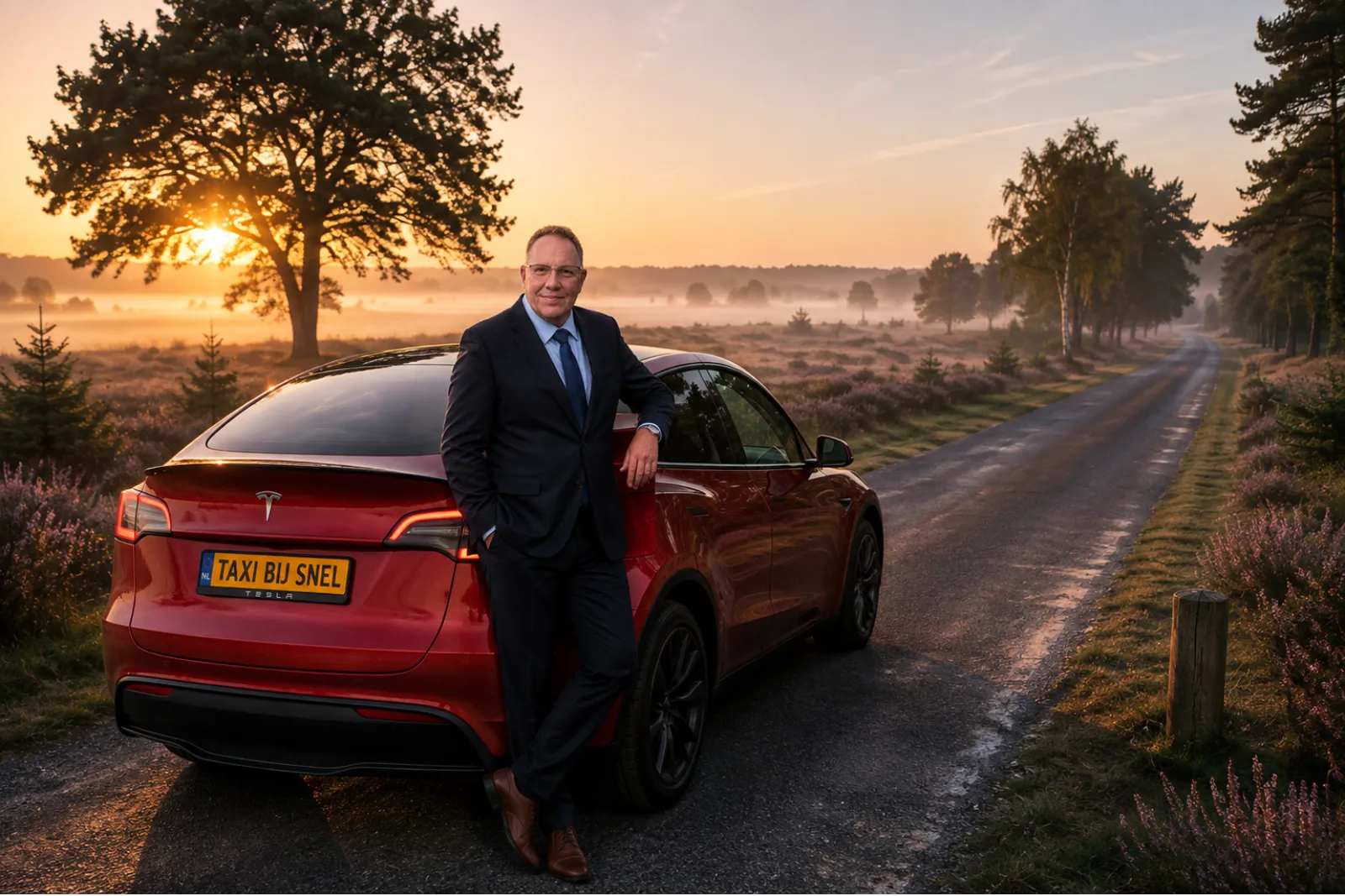 Rudy Snel bij de taxi op een heideweg op de Veluwe in de ochtendmist